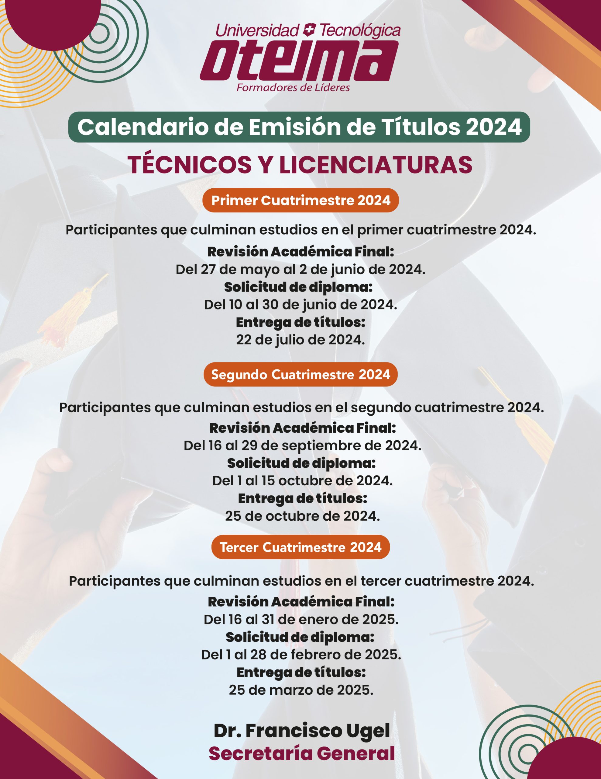 CALENDARIO DE ENTREGA DE DIPLOMAS 2024